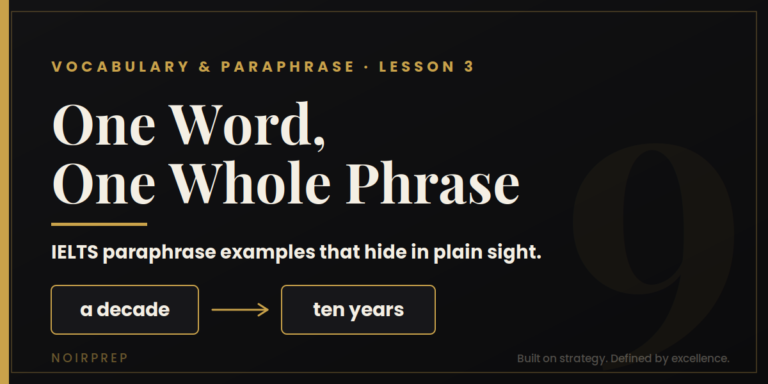 IELTS paraphrase examples showing a decade meaning ten years