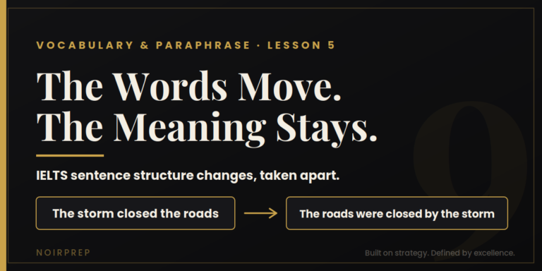 IELTS sentence structure changes, showing the storm closed the roads becoming the roads were closed by the storm
