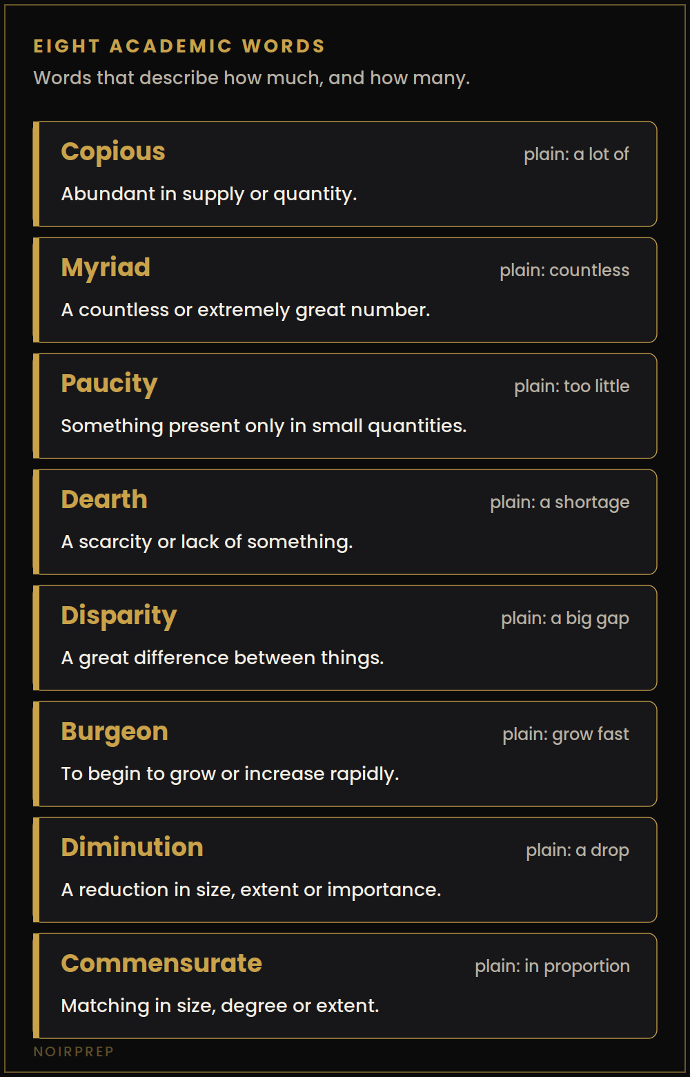 Eight academic IELTS words about amount, including copious, myriad, paucity, dearth and commensurate