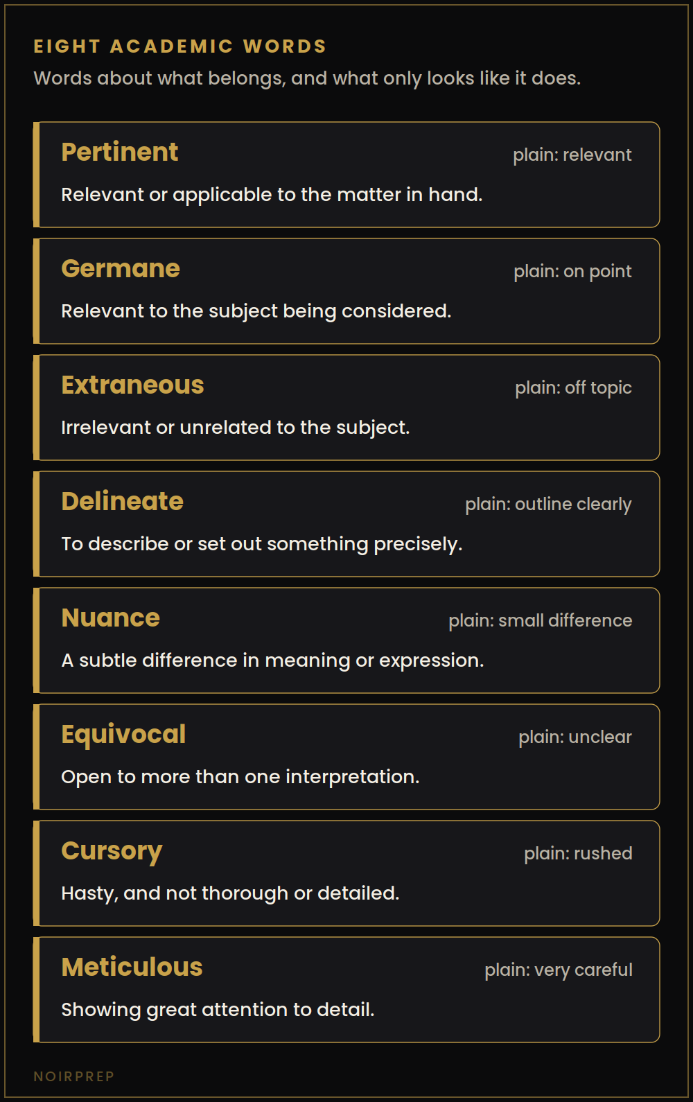 Eight academic IELTS words about relevance, including pertinent, germane, extraneous and meticulous