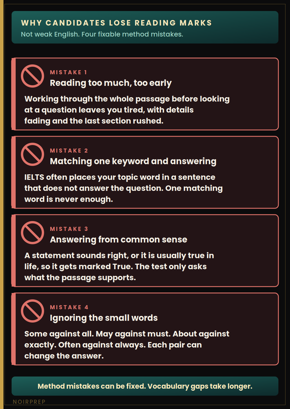 Four reasons candidates lose IELTS reading marks, including reading too early and matching one keyword
